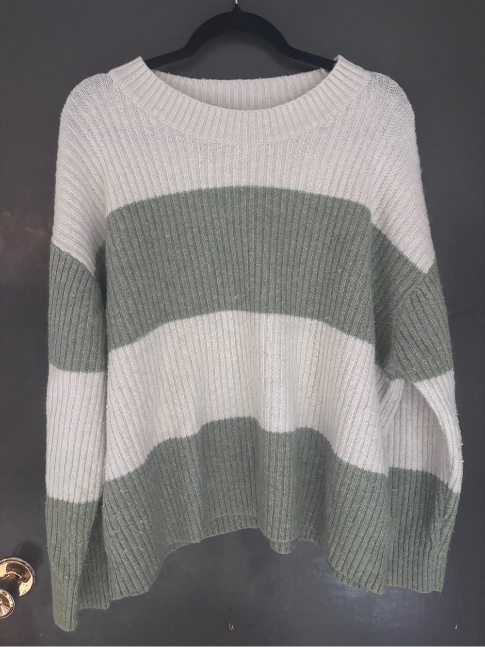 H&M Striped Crewneck Sweater in White and Sage Green